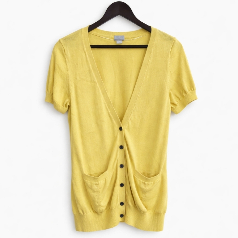 H&M Yellow Short Sleeve Button Front Knit Cardigan Sz Med